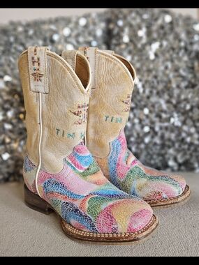 Tin Haul Handmade Leather Kids Color Burst Square Toe Boots. Size Youth 11/12